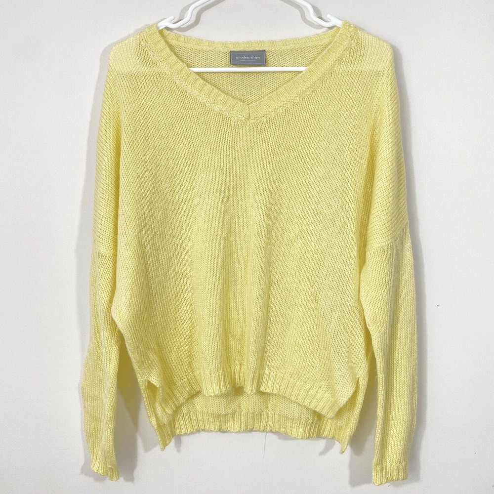 Wooden Ships Open Knit V-Neck Pullover Sweater Size X/S (2-4) Yellow Long Sleeve